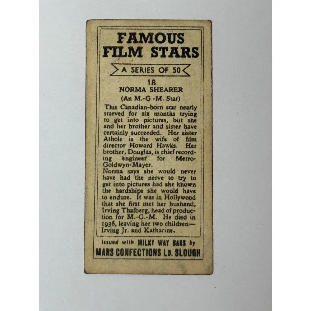 Norma Shearer Famous Film Stars Card Milky Way Bars‎ Mars Confections 1930s